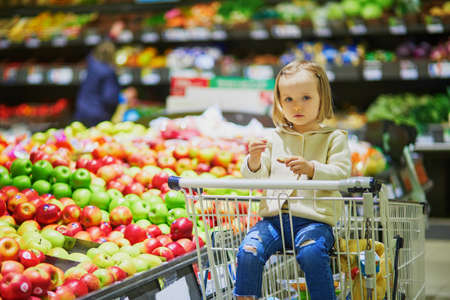 Adorable toddler girl sitting in the shopping cart in a food store or a supermarket. Little kid going shopping. Healthy food for kidsの写真素材