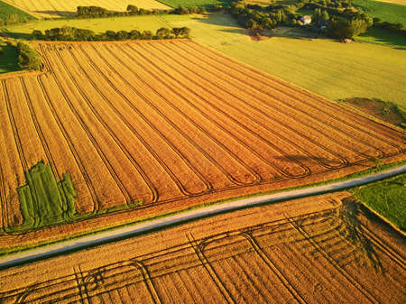 Aerial view of pastures and farmlands in Brittany, France. Beautiful French countryside with green...