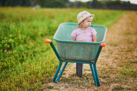 Adorable toddler girl in straw hat sitting in wheelbarrow on a farm. Farming and gardening for small children. Outdoor summer activities for little kidsの写真素材
