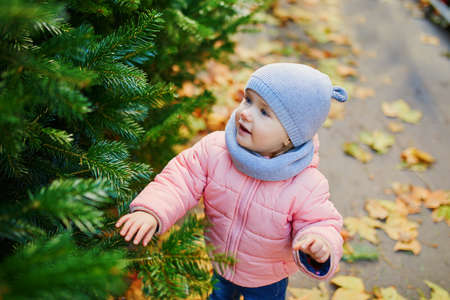 Adorable toddler girl selecting Christmas tree in outdoor shop or on market in Paris, France. Celebrating seasonal holidays with kidsの写真素材