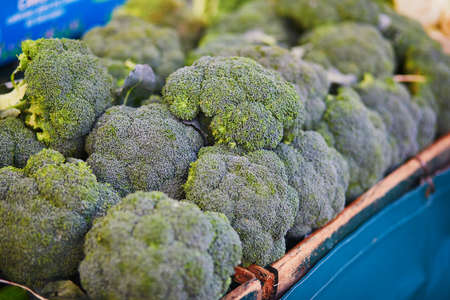 Large heap of fresh ripe organic broccolis on farmer market in Paris, Franceの写真素材
