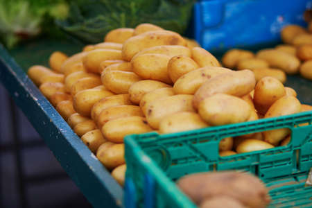Large heap of fresh ripe organic potatoes on farmer market in Paris, Franceの写真素材