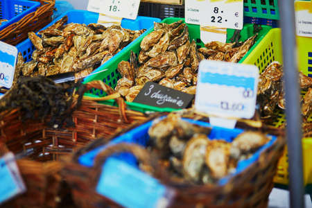 Fresh oysters on farmers market in Paris, Franceの写真素材