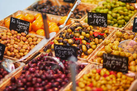 Olives on farmer market in Paris, Franceの写真素材