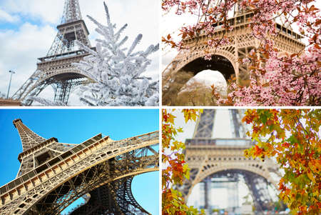 Collage of four photos of the Eiffel tower during different seasons. France at winter, spring,...