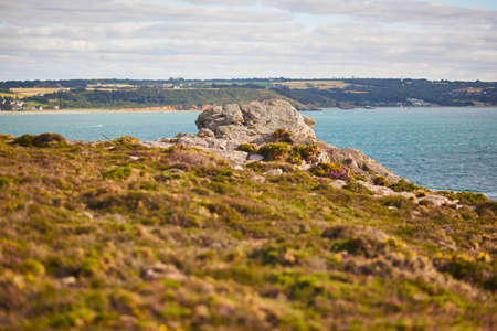 Scenic view of heather meadows on Cape d'Erquy, one of the most popular tourist destinations in Brittany, France. Widely known tourist attraction along famous GR34 tracking pathの写真素材
