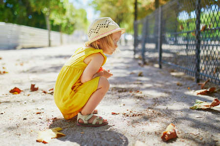 Cute little toddler girl squatting on her haunches on the playground on a summer dayの写真素材