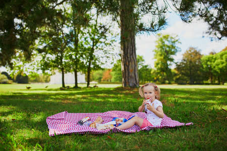 Adorable toddler girl having picnic in countryside on a summer day. Child enjoying healthy snack in park. Outdoor summer activity for small kidsの写真素材
