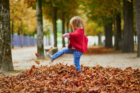 Adorable preschooler girl walking and kicking fallen leaves in Tuileries garden in Paris, on a fall day. Happy child enjoying autumn day. Fall season in France. Outdoor autumn activities for kidsの写真素材