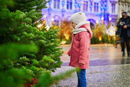 Adorable preschooler girl on Christmas market in Paris, France. Celebration seasonal winter holidays with kidsの写真素材
