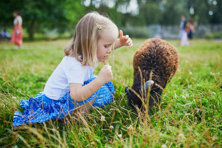 Adorable little girl playing with goats and sheep at farm. Child familiarizing herself with animals. Farming and gardening for small children. Outdoor summer activities for kidsの写真素材