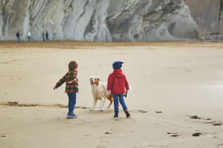 Boy and girl running on the sand beach with a dog. Two kids playing with retriever dog. Children...