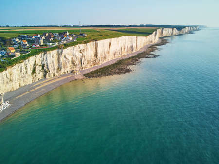 Picturesque panoramic landscape of white chalk cliffs near Ault, Somme, Hauts-de-France department of Normandy in Franceの写真素材