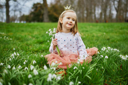 Cute preschooler girl in princess crown sitting in the grass with many snowdrop flowers in park or forest on a spring day. Little kid exploring nature. Outdoor activities for childrenの写真素材
