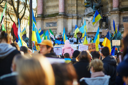 Paris, France - February 27, 2022: Massive manifestation against war in Ukraine on Place Saint-Michel in Paris, Franceのeditorial素材