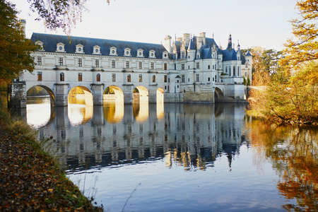CHENONCEAU, FRANCE - NOVEMBER 6, 2021: Aerial drone view of French Castle of Chenonceau and its gardens on Cher River, Franceのeditorial素材