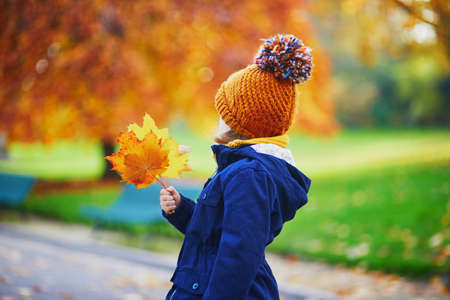 Adorable preschooler girl enjoying nice and sunny autumn day outdoors. Happy child gathering autumn leaves in Paris, France. Outdoor fall activities for kidsの写真素材