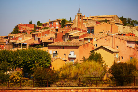Scenic view of Roussillon, Provence, France. Roussillon is known for its large ochre deposits found in the clay surrounding the villageの写真素材