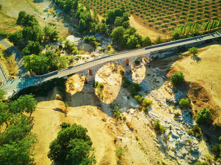 Aerial drone view of Julian bridge (Pont Julien), Roman stone arch bridge with surrounding cypresses, olive trees and vineyards in Provence, Southern Franceの写真素材