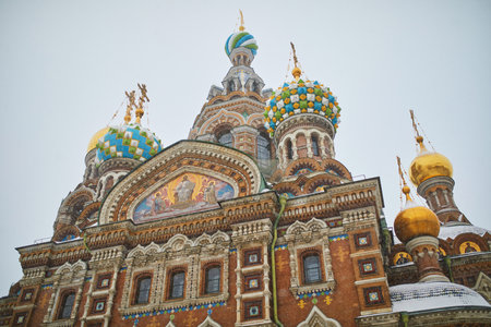 Scenic view of Savior on the Spilled Blood Church on a snowy winter day in Saint Petersburg, Russia
