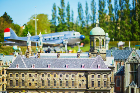THE HAGUE, THE NETHERLANDS - APRIL 26, 2022: Models of planes and Schiphol International airport at Madurodam miniature park, The Hague, the Netherlands, Hollandのeditorial素材