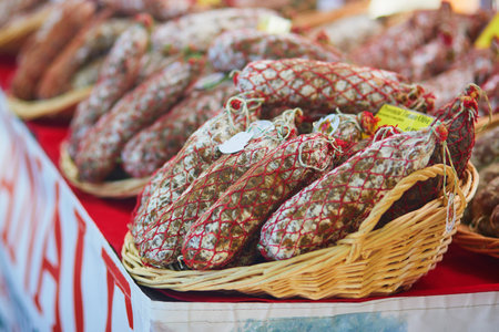 Sausages on Mediterranean farmer market in Cucuron, Provence, Franceの写真素材