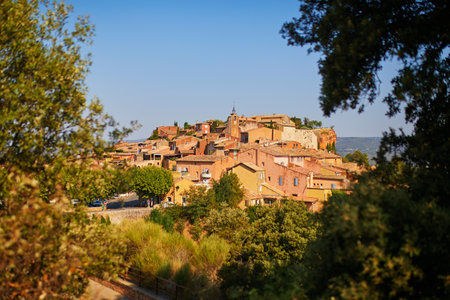 Scenic view of Roussillon, Provence, France. Roussillon is known for its large ochre deposits found in the clay surrounding the villageの写真素材