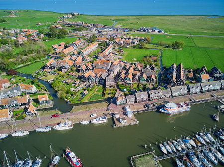 Aerial drone view of picturesque village of Marken, near Volendam, North Holland, the Netherlandsのeditorial素材