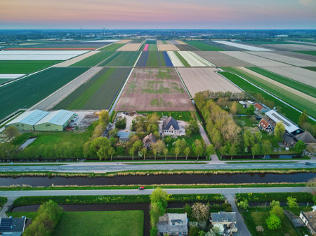 Aerial drone view of typical Dutch fields and polders. Typical landscape of countryside of the Netherlandsのeditorial素材