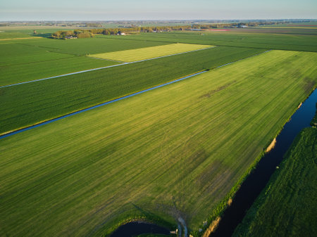 Aerial drone view of typical Dutch fields and polders. Typical landscape of countryside of the Netherlandsのeditorial素材