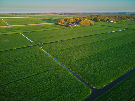 Aerial drone view of typical Dutch fields and polders. Typical landscape of countryside of the Netherlandsのeditorial素材
