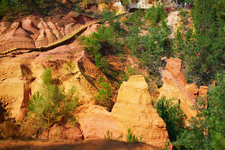 Famous Ochre path (Sentier des Ocres in French) through large ochre deposits in Roussillon, Provence, Franceの写真素材