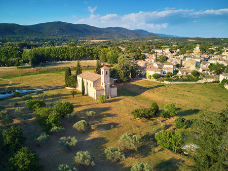 Aerial drone view to famous village of Lourmarin in Provence, Southern Franceの写真素材