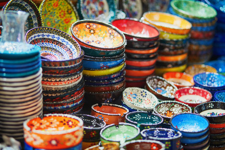 Selection of colorful ceramics on Egyptian Bazaar or Spice Bazaar, one of the largest bazaars in...