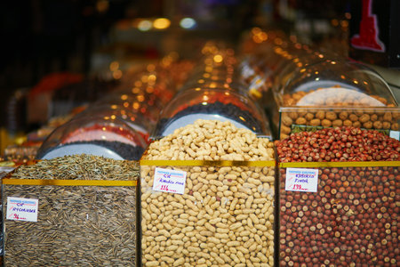 Delicious dry fruits ans nuts on street market in Uskudar district, Asian side of Istanbul, Turkey