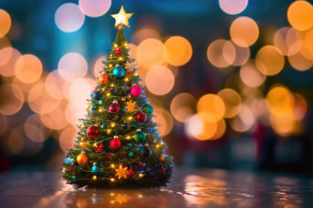 Festively decorated Christmas tree on blurred golden sparkling fairy background. Generative AIの素材