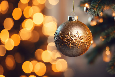 Festively decorated Christmas tree on blurred golden sparkling fairy background. Generative AIの素材