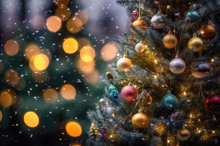Festively decorated Christmas tree on blurred golden sparkling fairy background. Generative AIの素材
