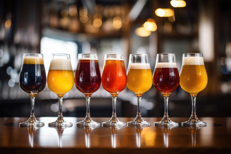 Glasses with different sorts of craft beer on wooden bar. Tap beer in pint glasses arranged in a row. Closeup of five glasses of different types of draught beer in a pub. Generative AIの素材