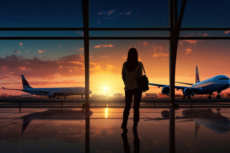 Silhouette of young woman in the airport, looking through the window at planes. Generative AIの素材