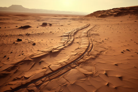 Research vehicle traces on surface of Mars. Generative AIの素材