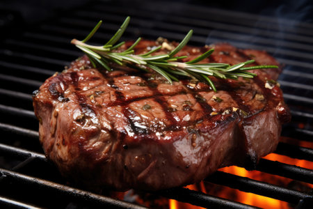 Beef steak on the grill with flames. Generative AIの素材