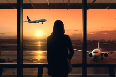 Silhouette of young woman in the airport, looking through the window at planes. Generative AIの素材