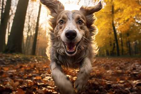 Happy dog running through autumn park or forest with yellow fallen leavesの素材