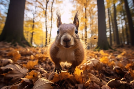 Squirrel running through autumn park or forest with yellow fallen leavesの素材