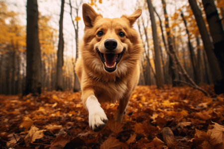 Happy dog running through autumn park or forest with yellow fallen leavesの素材