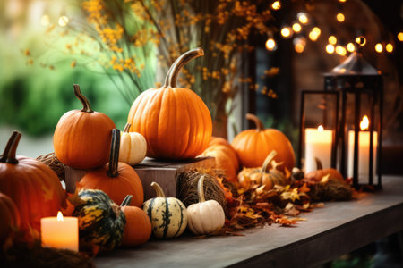 Elegant beautiful dinner table setting with pumpkins and candles for thanksgiving celebration outdoorsの素材