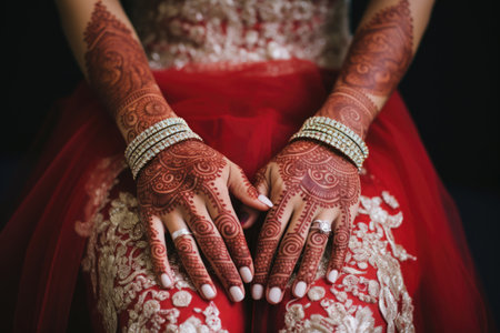 Indian bride showing hands with henna design on her wedding dayの素材