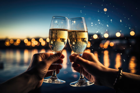 Champagne holiday toast with fireworks lights in the backgroundの素材