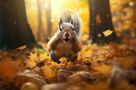 Squirrel running through autumn park or forest with yellow fallen leavesの素材